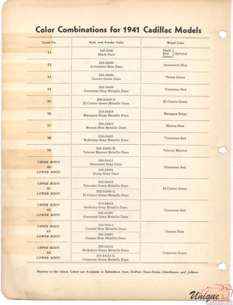 1941 Cadillac Paint Charts DuPont 3